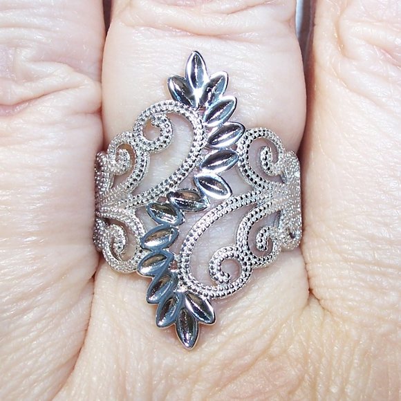925 STERLING SILVER Leaves & Scrolls Filigree Statement Ring - Picture 5 of 16